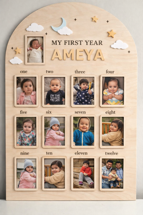 my first year photo frame | baby monthly milestone frame | personalized name frame | newborn to 12 months collage | mdf wooden frame gift