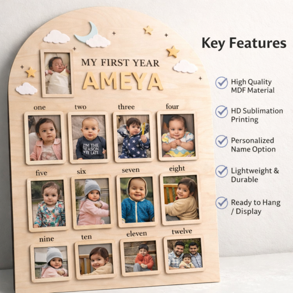 my first year photo frame | baby monthly milestone frame | personalized name frame | newborn to 12 months collage | mdf wooden frame gift