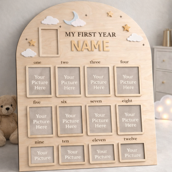 my first year photo frame | baby monthly milestone frame | personalized name frame | newborn to 12 months collage | mdf wooden frame gift